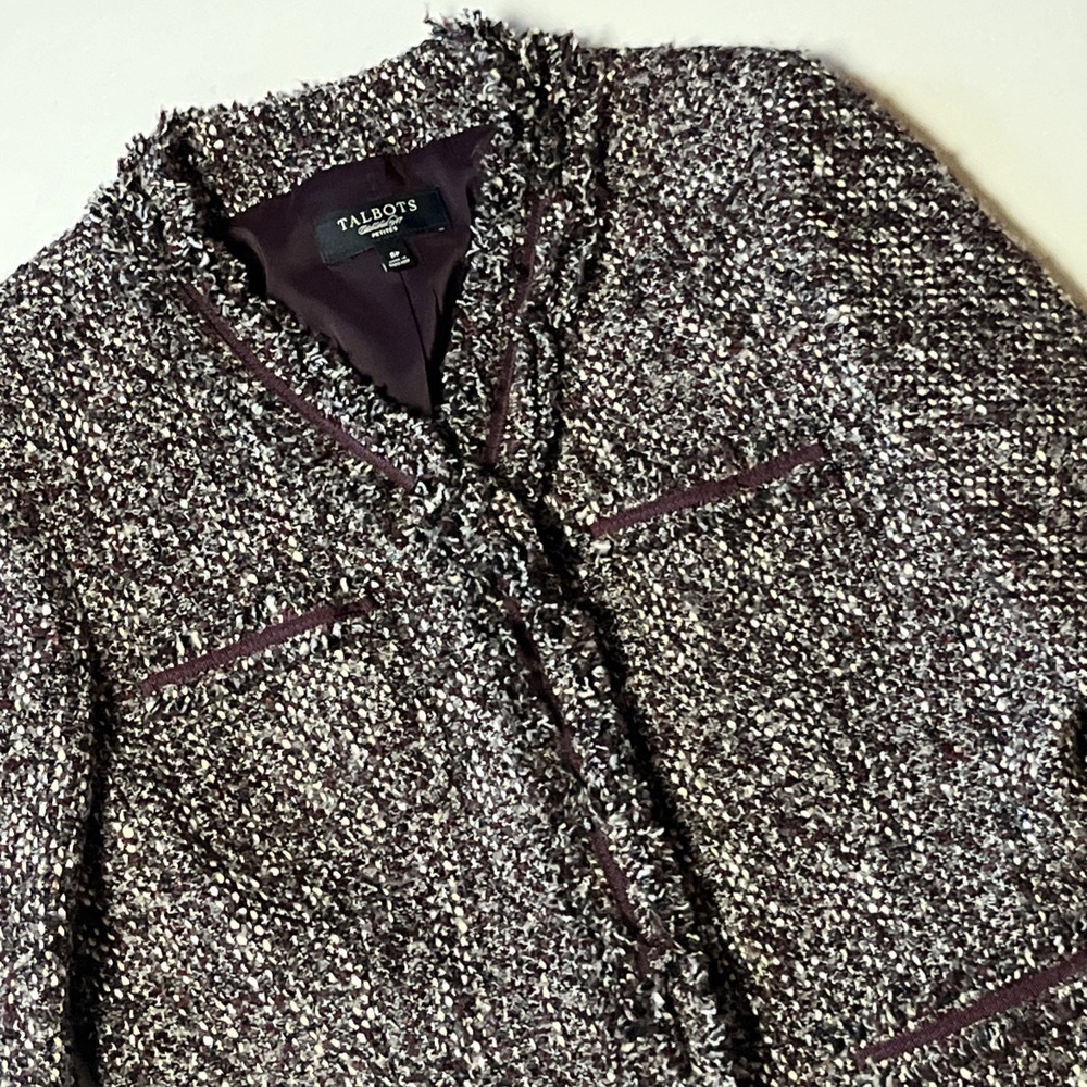 Talbots Tweed Wool Blend Jacket Size 8P Burgundy Classic Snap Button Blazer Coat